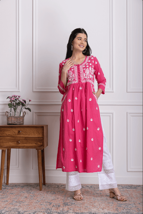 Fizaa Chikankari Kurti for Women With Pocket - Pink